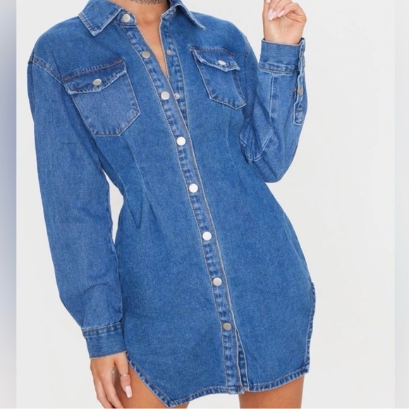 PrettyLittleThing Mid Wash Cinched Waist Long Sleeve Denim Dress - Picture 4 of 4